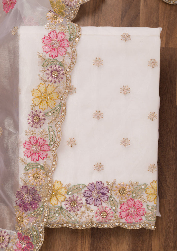 Cream Zariwork Semi Crepe Unstitched Salwar Suit