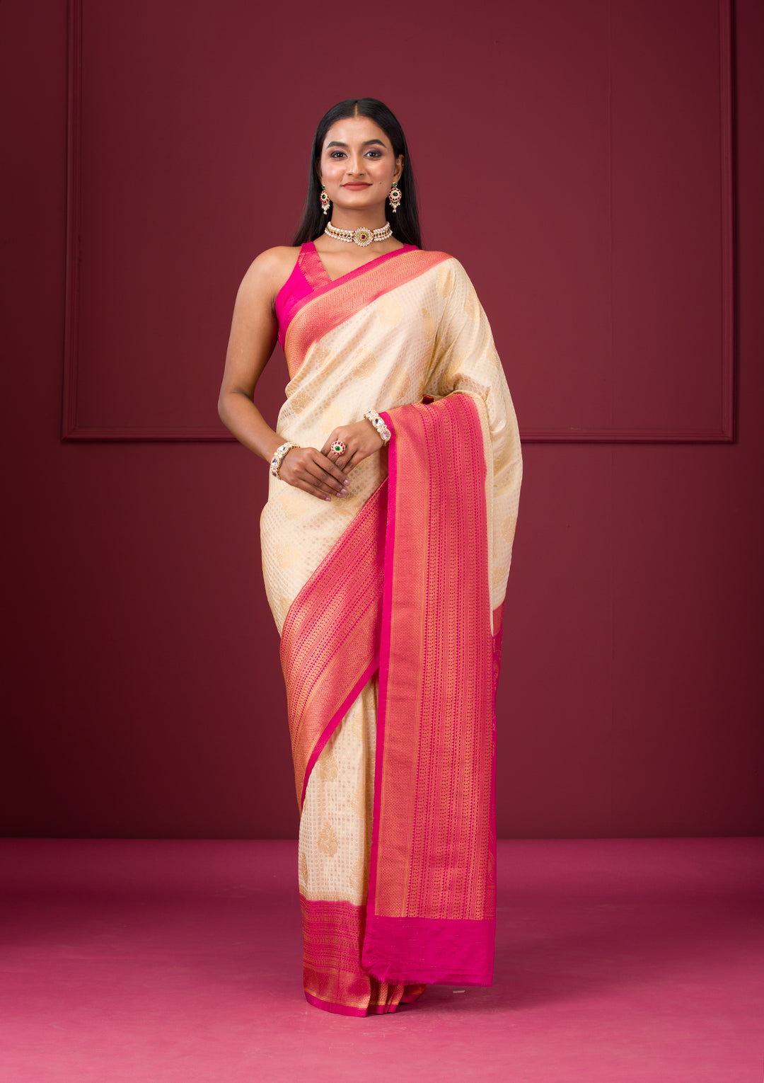 Cream Zariwork Soft Silk Saree