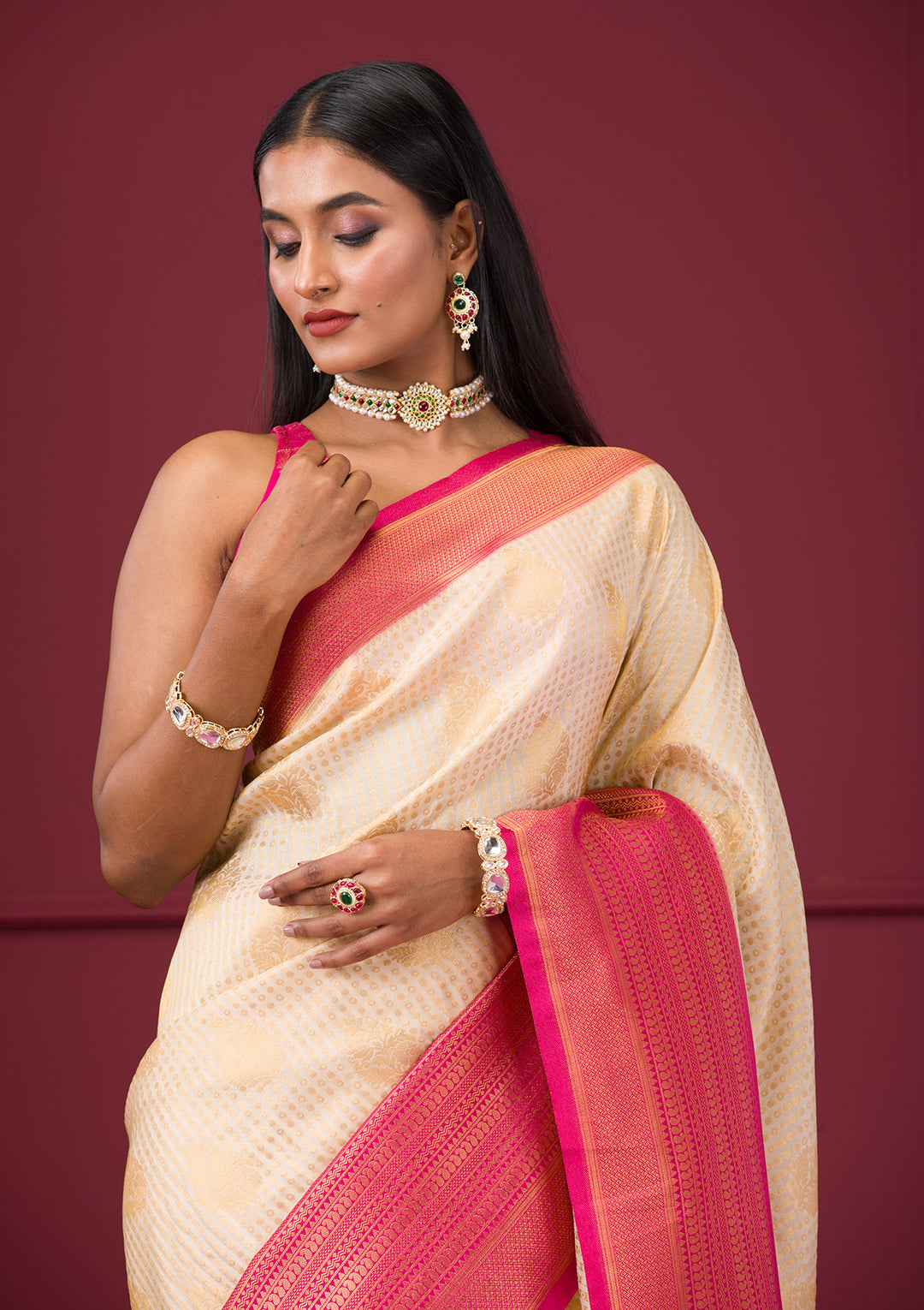 Cream Zariwork Soft Silk Saree