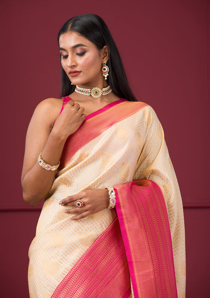 Cream Zariwork Soft Silk Saree