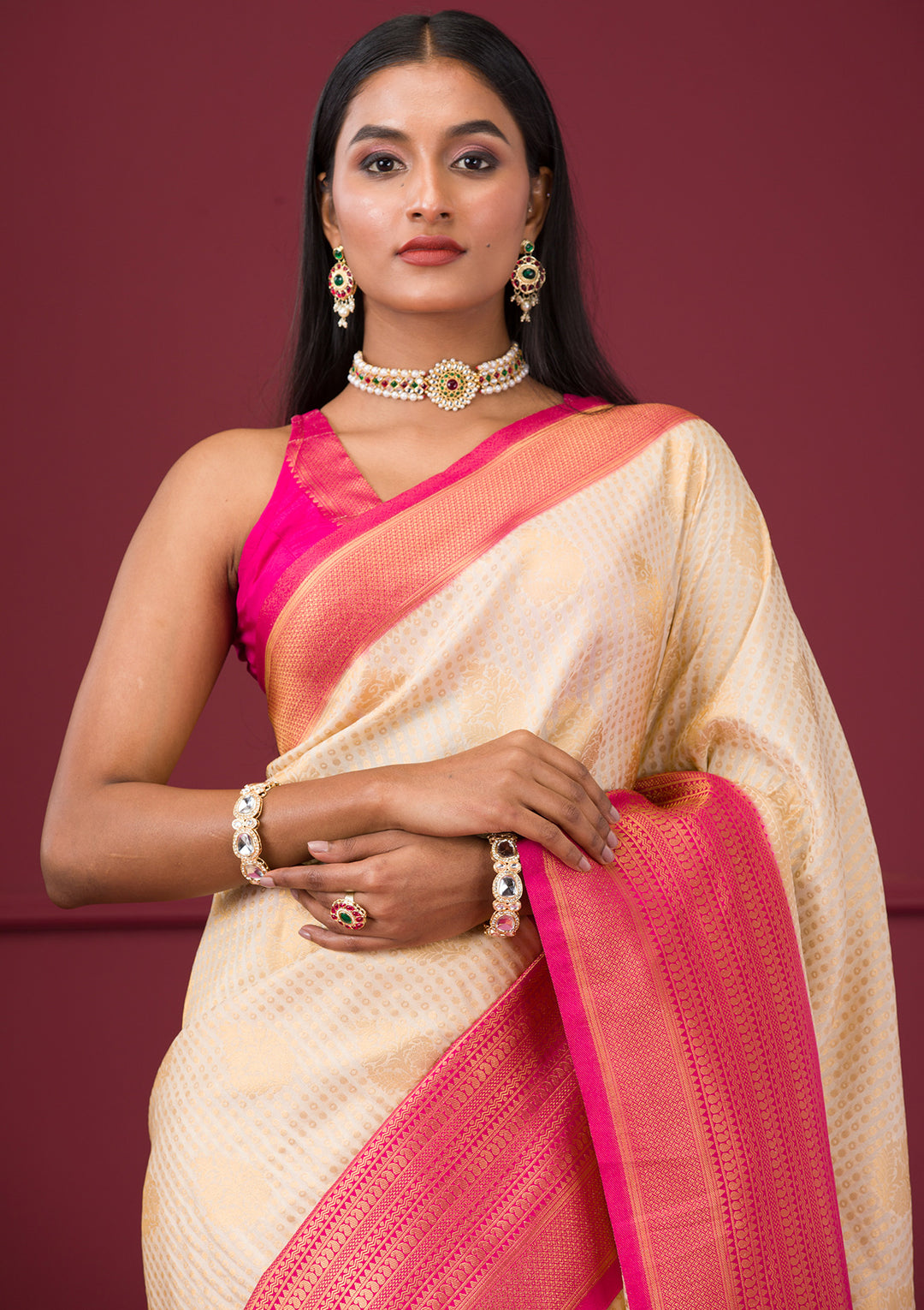 Cream Zariwork Soft Silk Saree