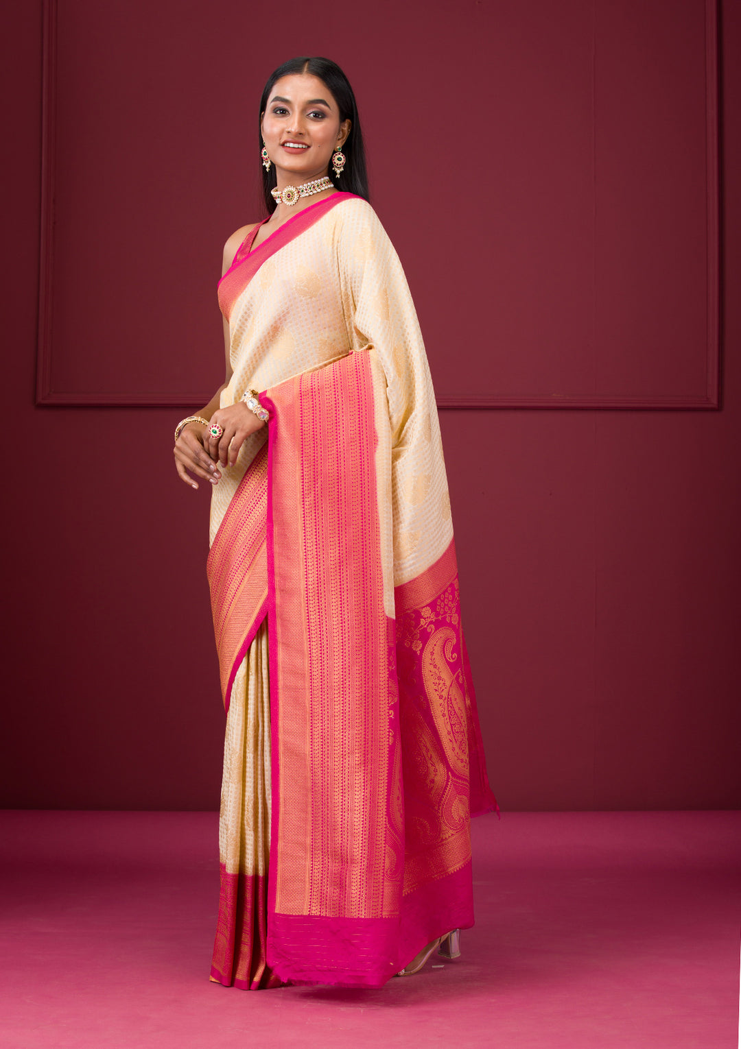 Cream Zariwork Soft Silk Saree