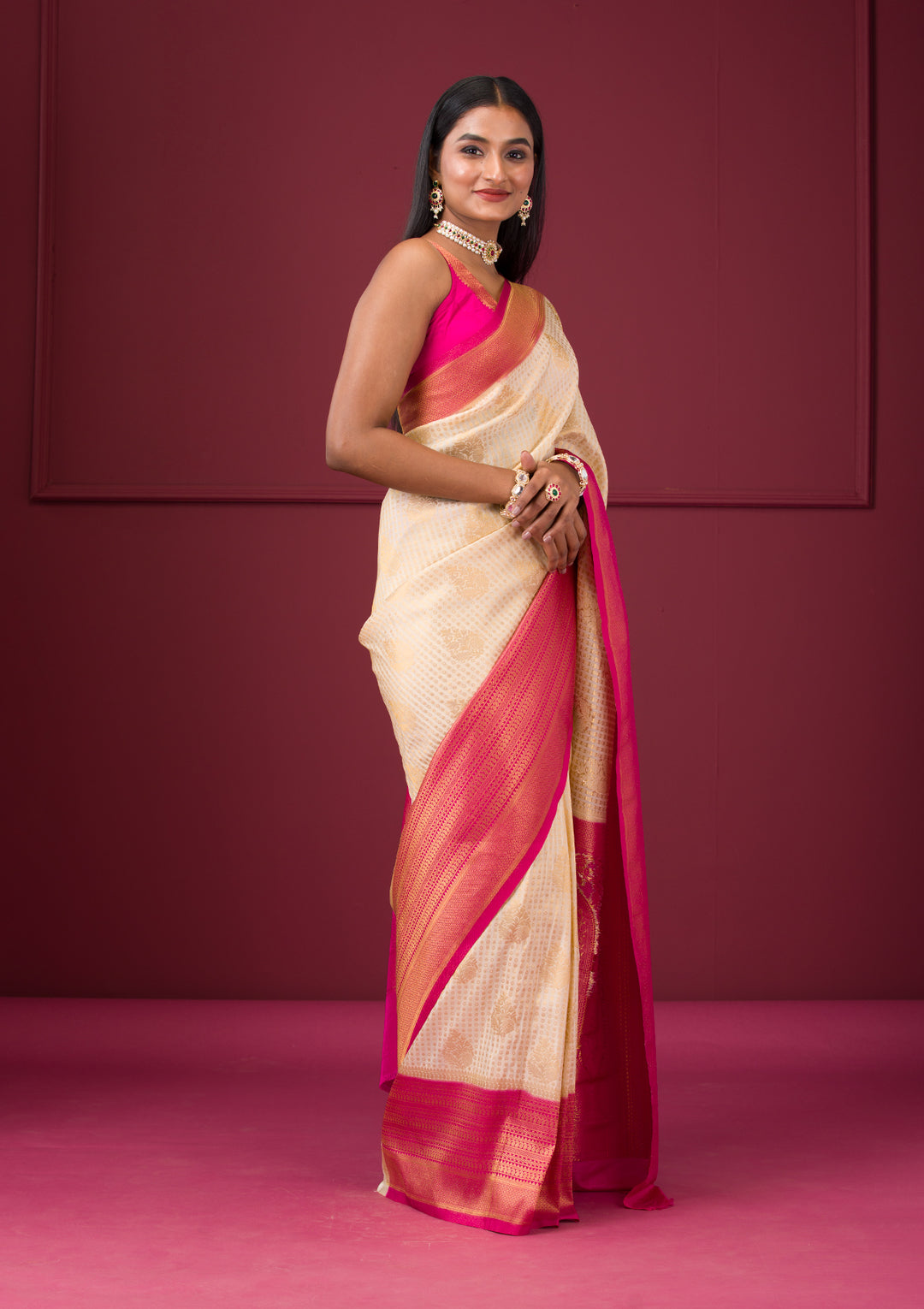 Cream Zariwork Soft Silk Saree