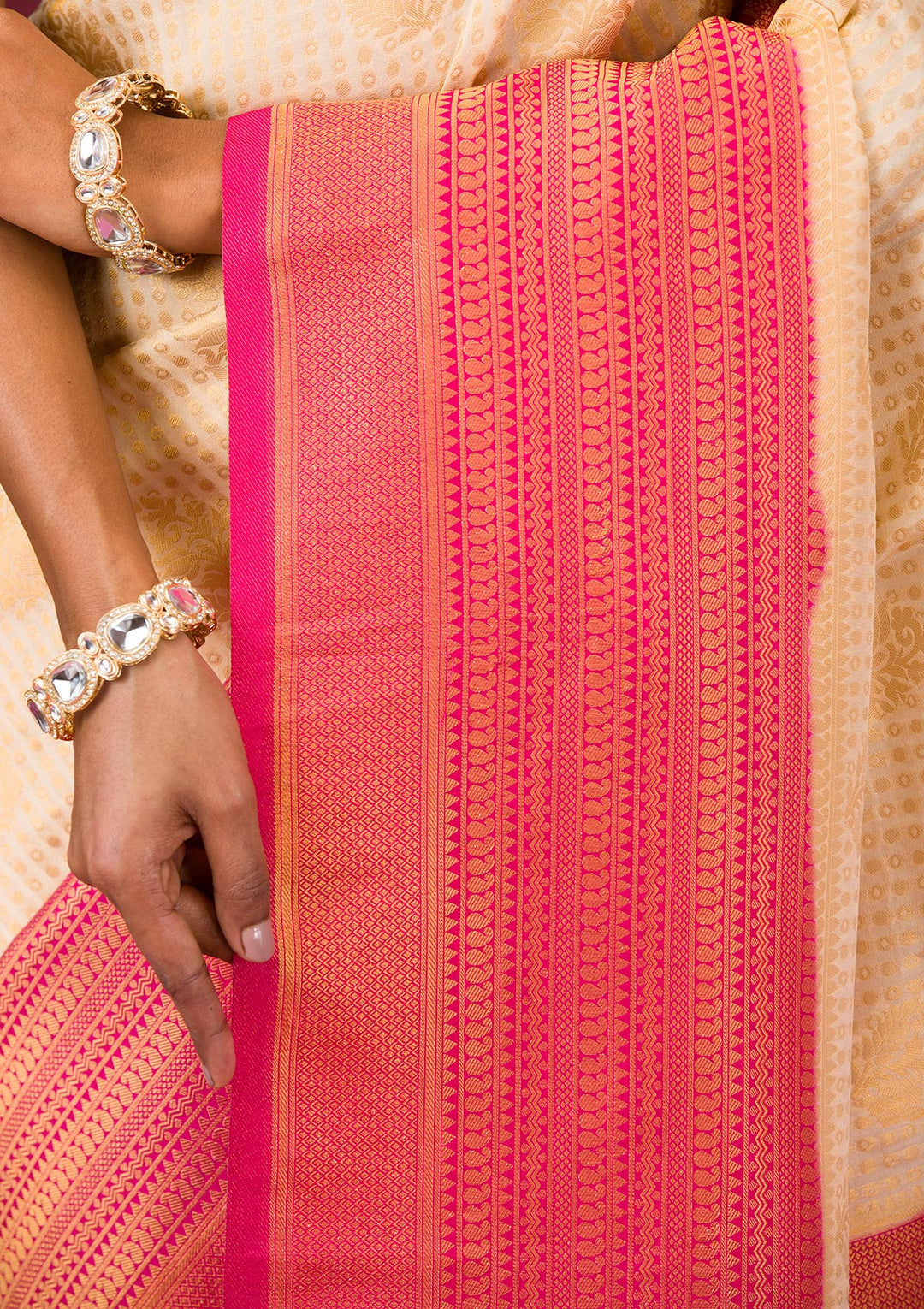 Cream Zariwork Soft Silk Saree