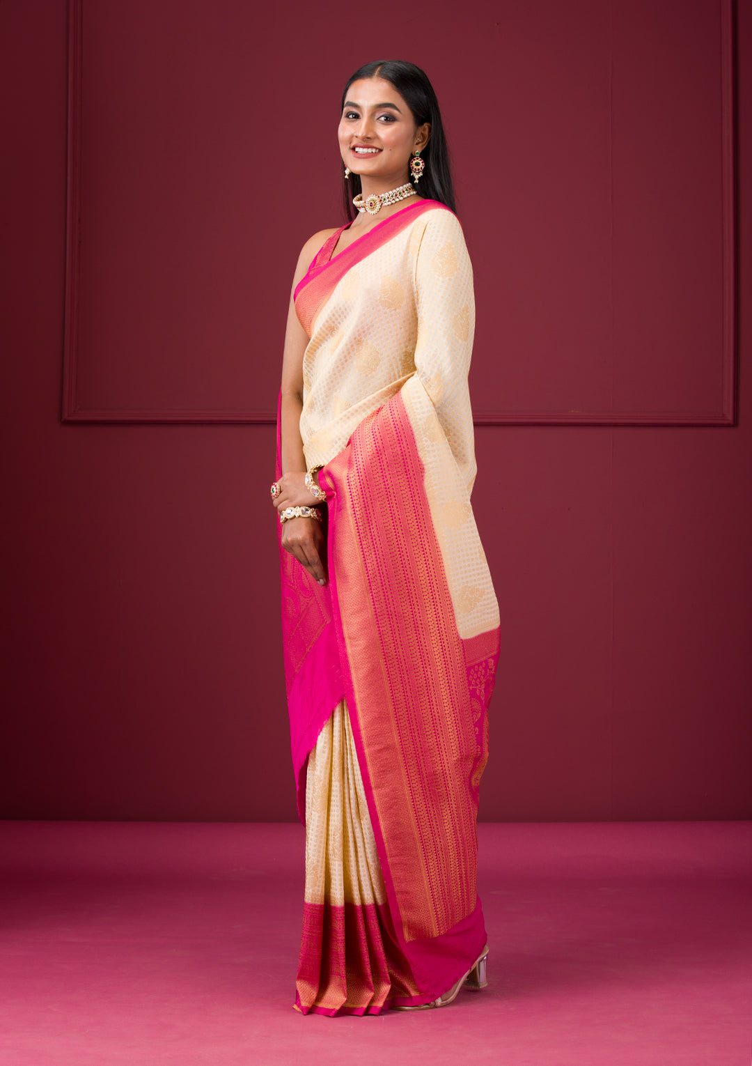 Cream Zariwork Soft Silk Saree