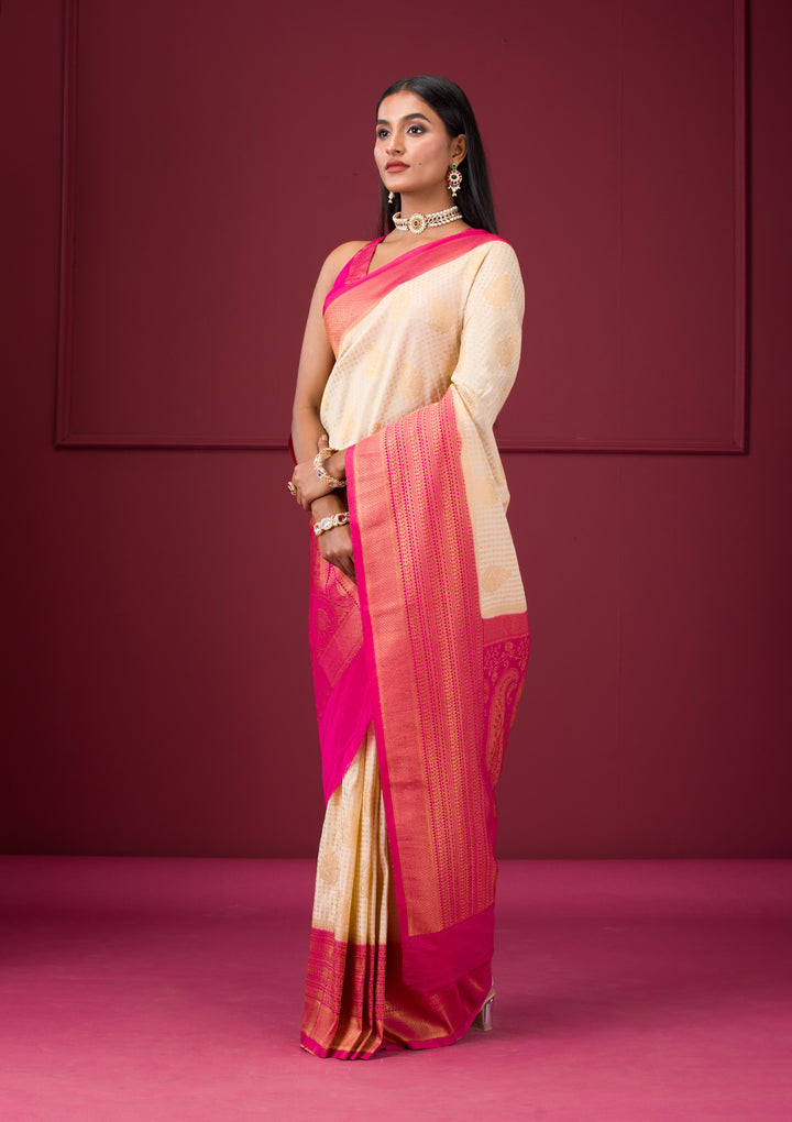 Cream Zariwork Soft Silk Saree