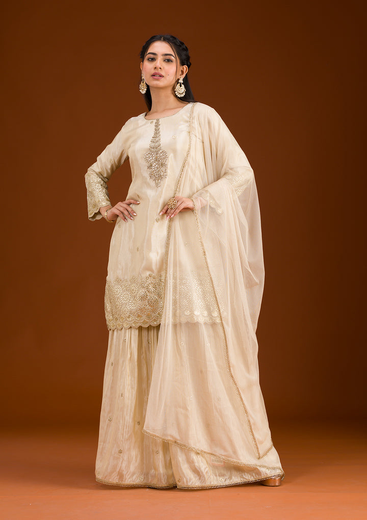 Cream Zariwork Tissue Readymade Salwar Suit