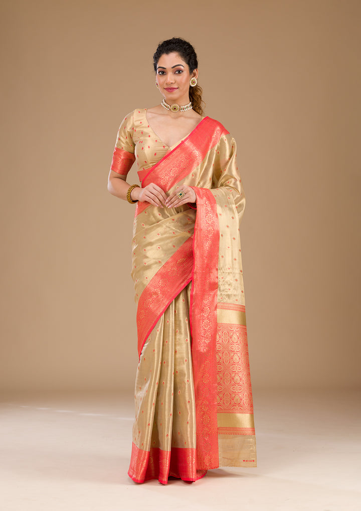 Cream Zariwork Tissue Saree-Koskii