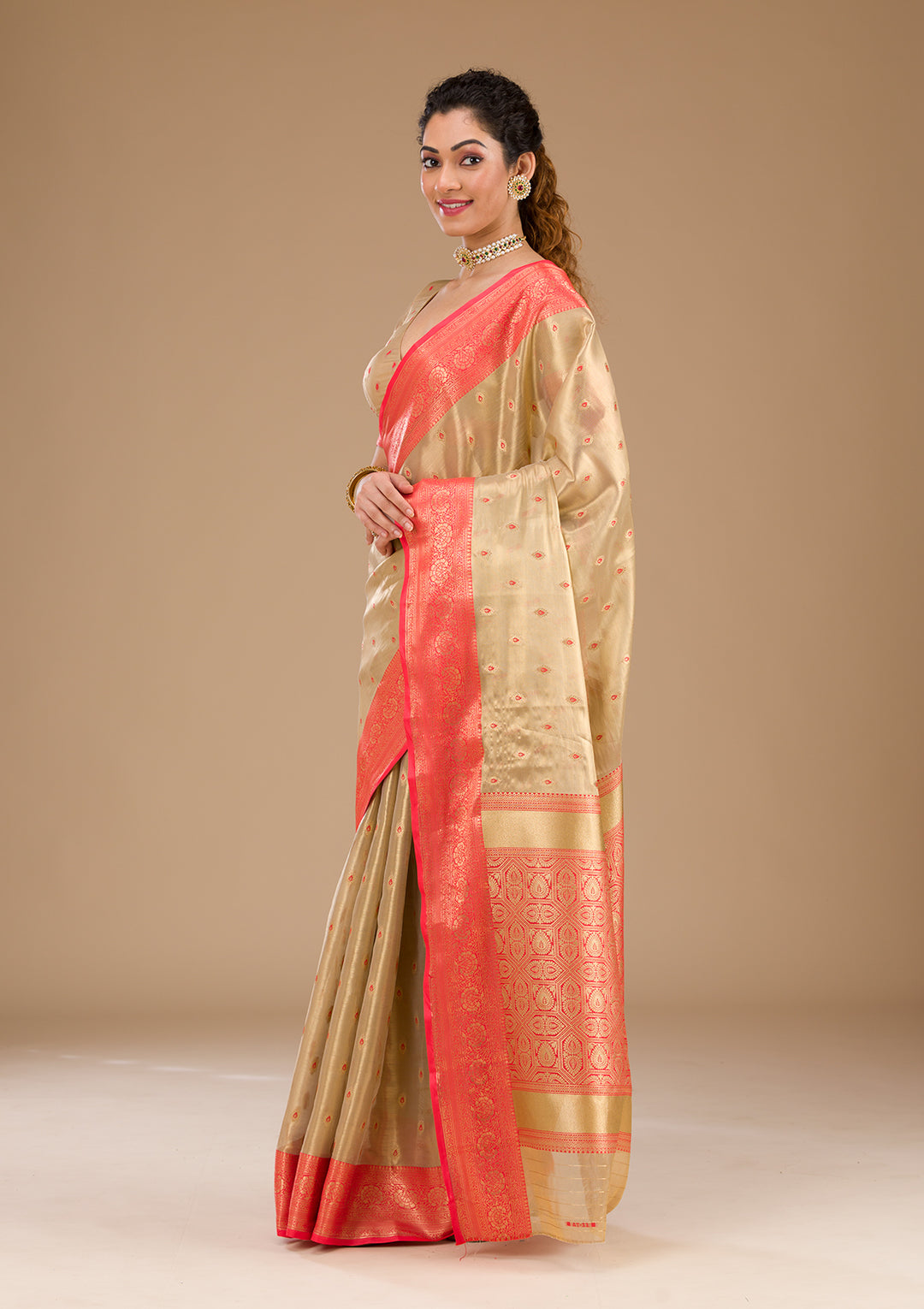 Cream Zariwork Tissue Saree-Koskii