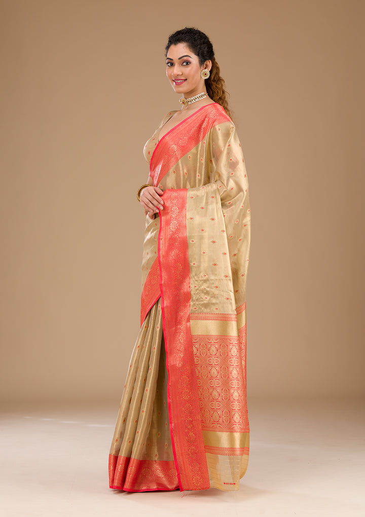 Cream Zariwork Tissue Saree-Koskii