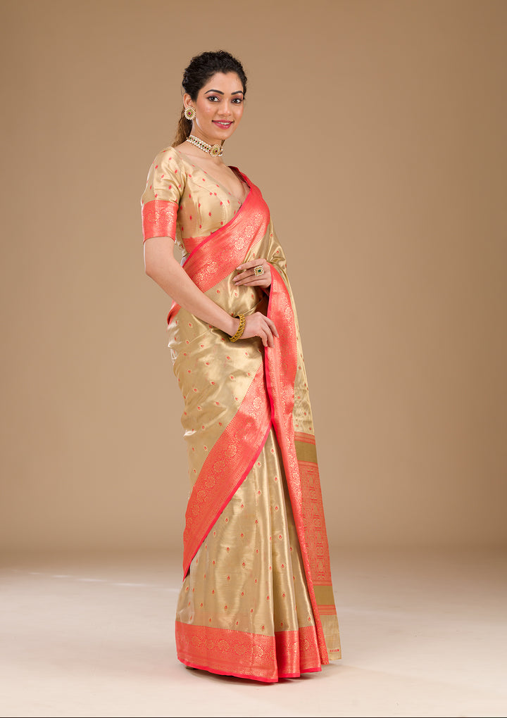 Cream Zariwork Tissue Saree-Koskii
