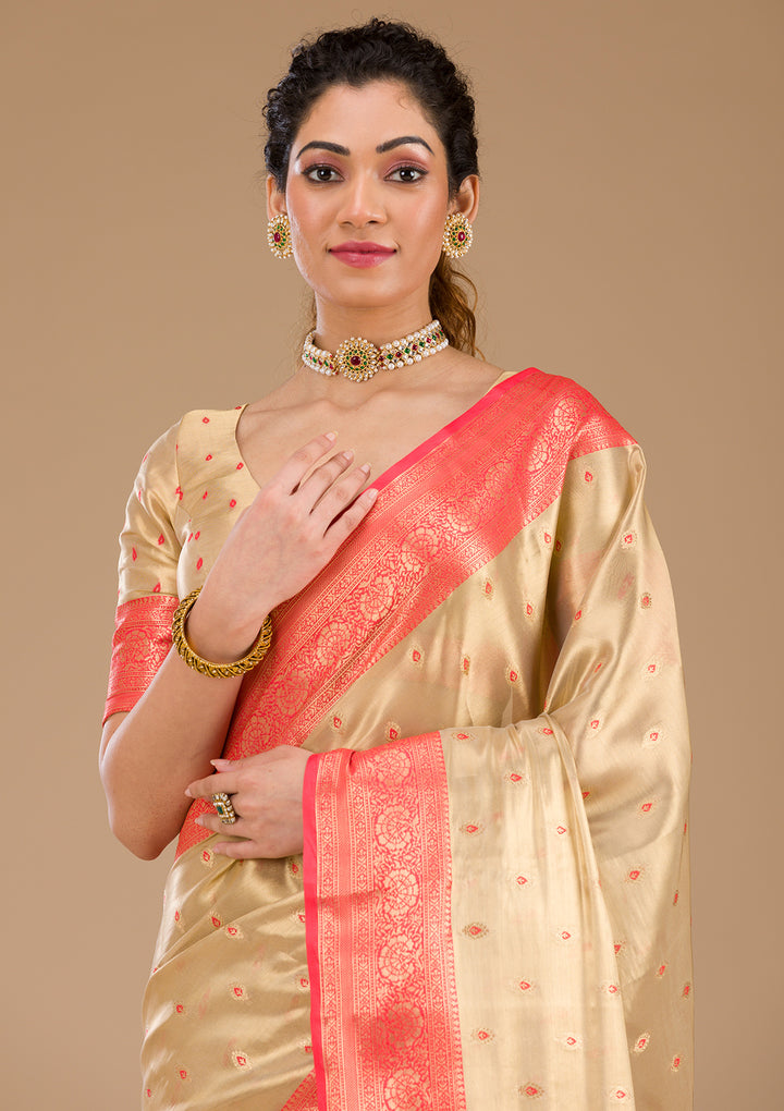 Cream Zariwork Tissue Saree-Koskii