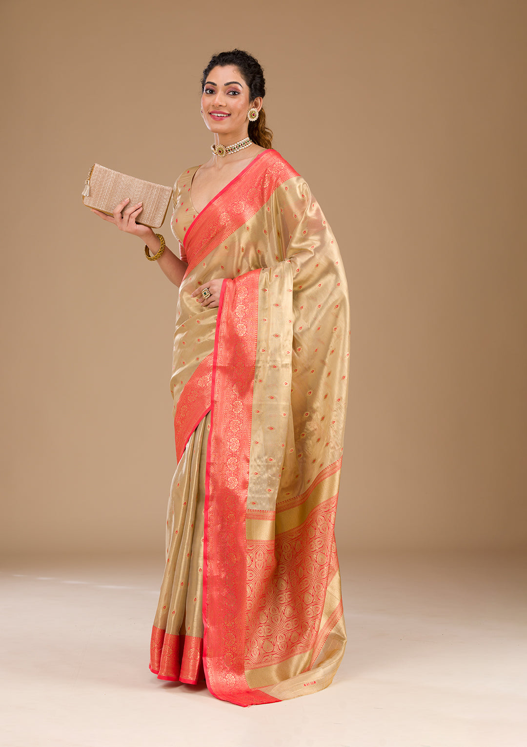 Cream Zariwork Tissue Saree-Koskii