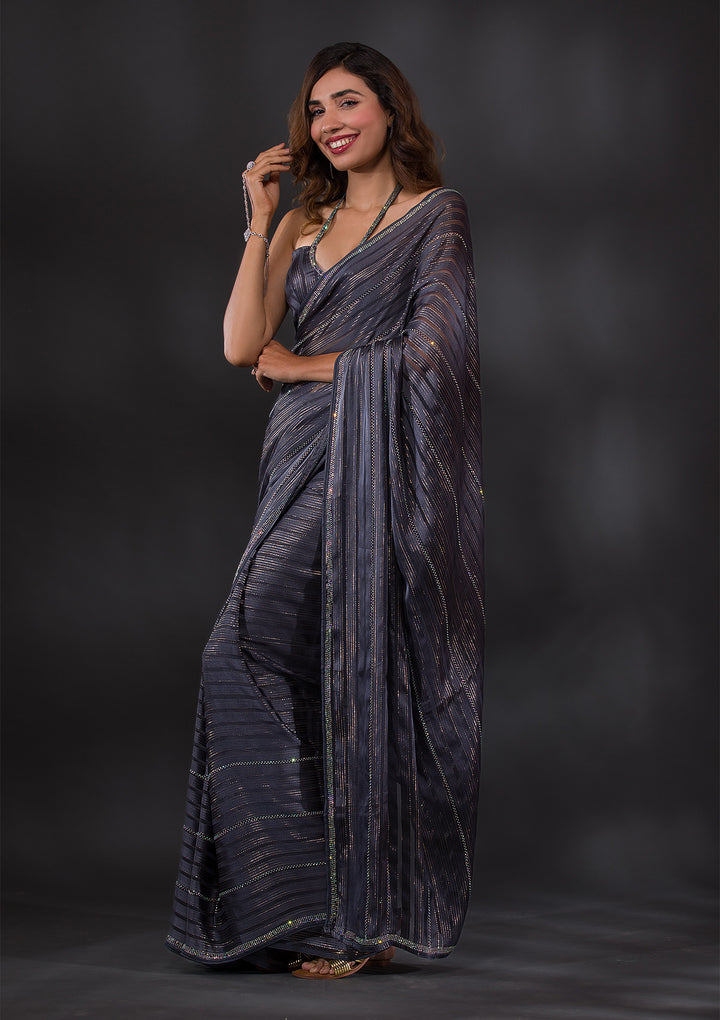 Dark Grey Swarovski Georgette Designer Saree