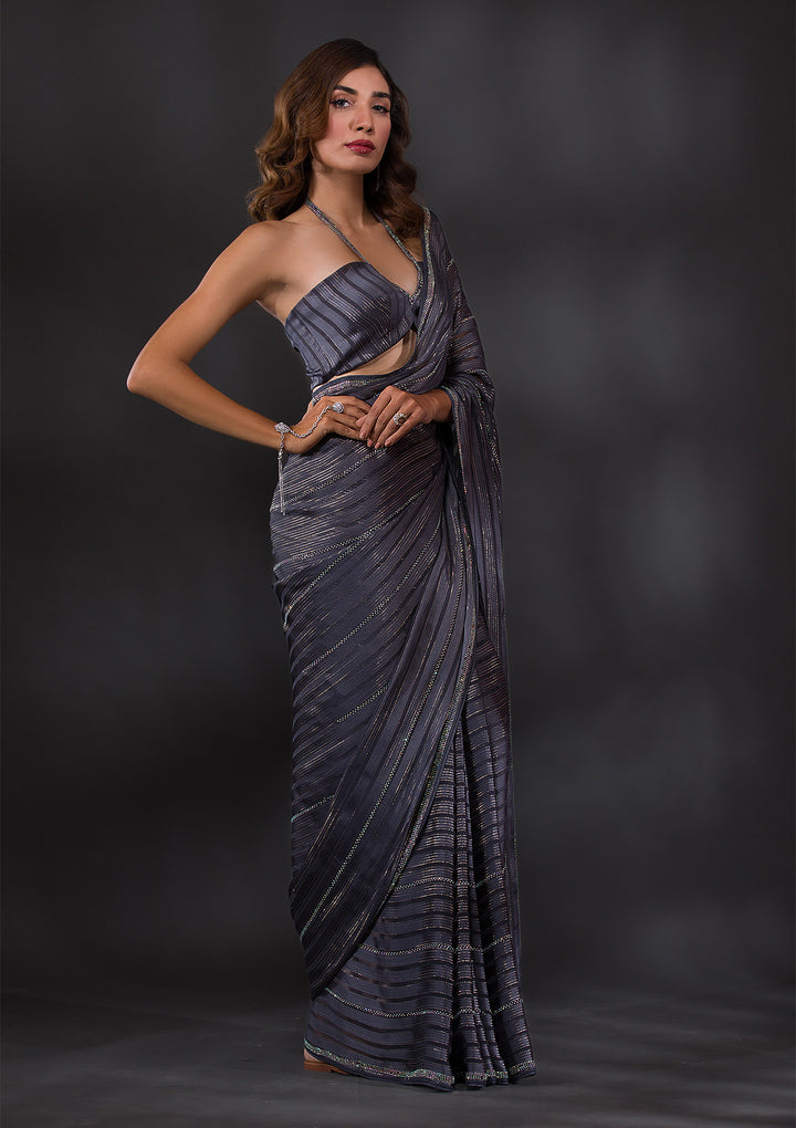 Dark Grey Swarovski Georgette Designer Saree