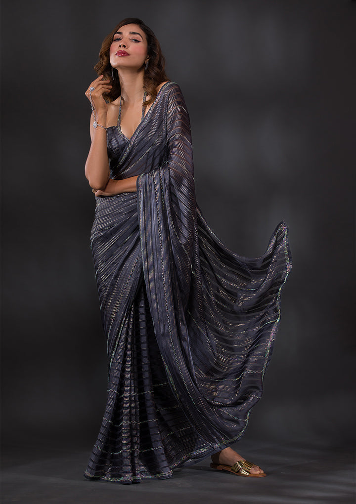 Dark Grey Swarovski Georgette Designer Saree