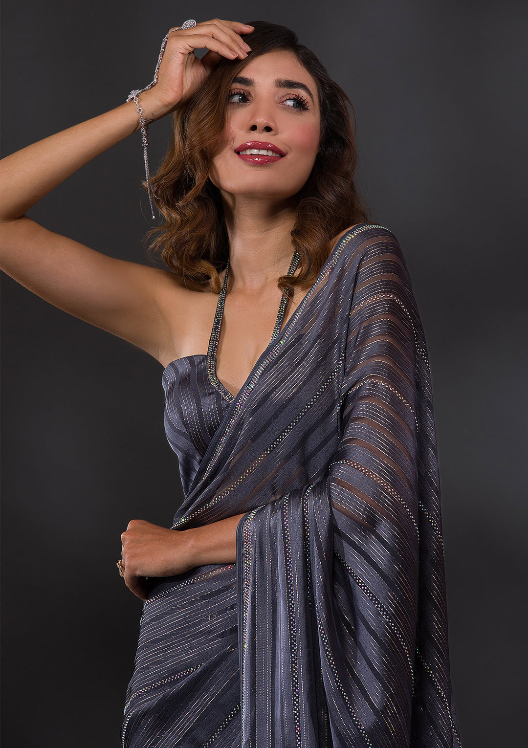 Dark Grey Swarovski Georgette Designer Saree
