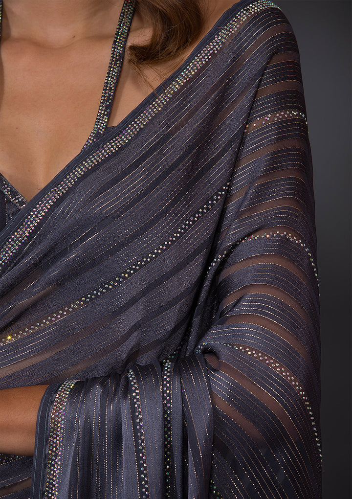 Dark Grey Swarovski Georgette Designer Saree