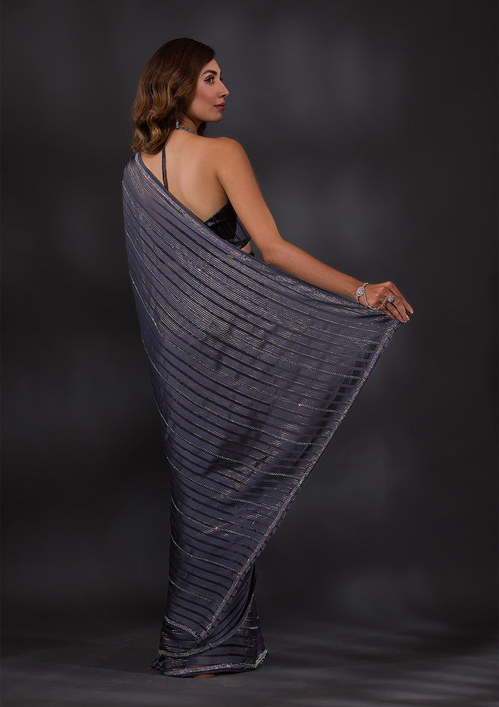 Dark Grey Swarovski Georgette Designer Saree