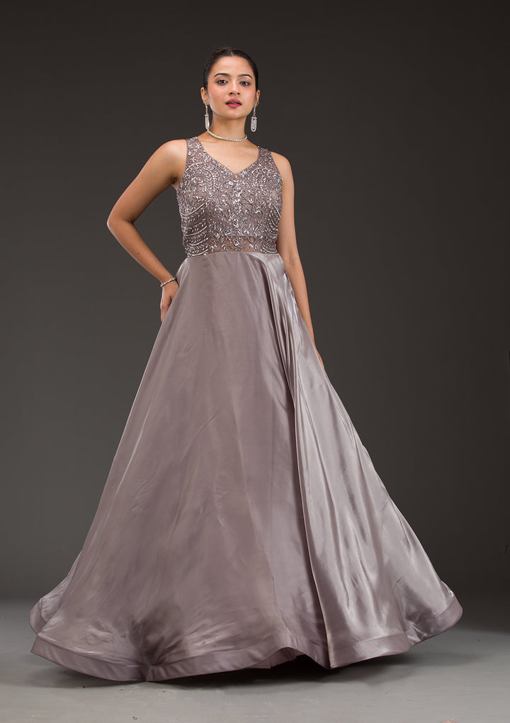 Dark Grey Cutdana Satin Gown