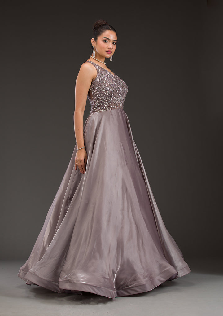 Dark Grey Cutdana Satin Gown