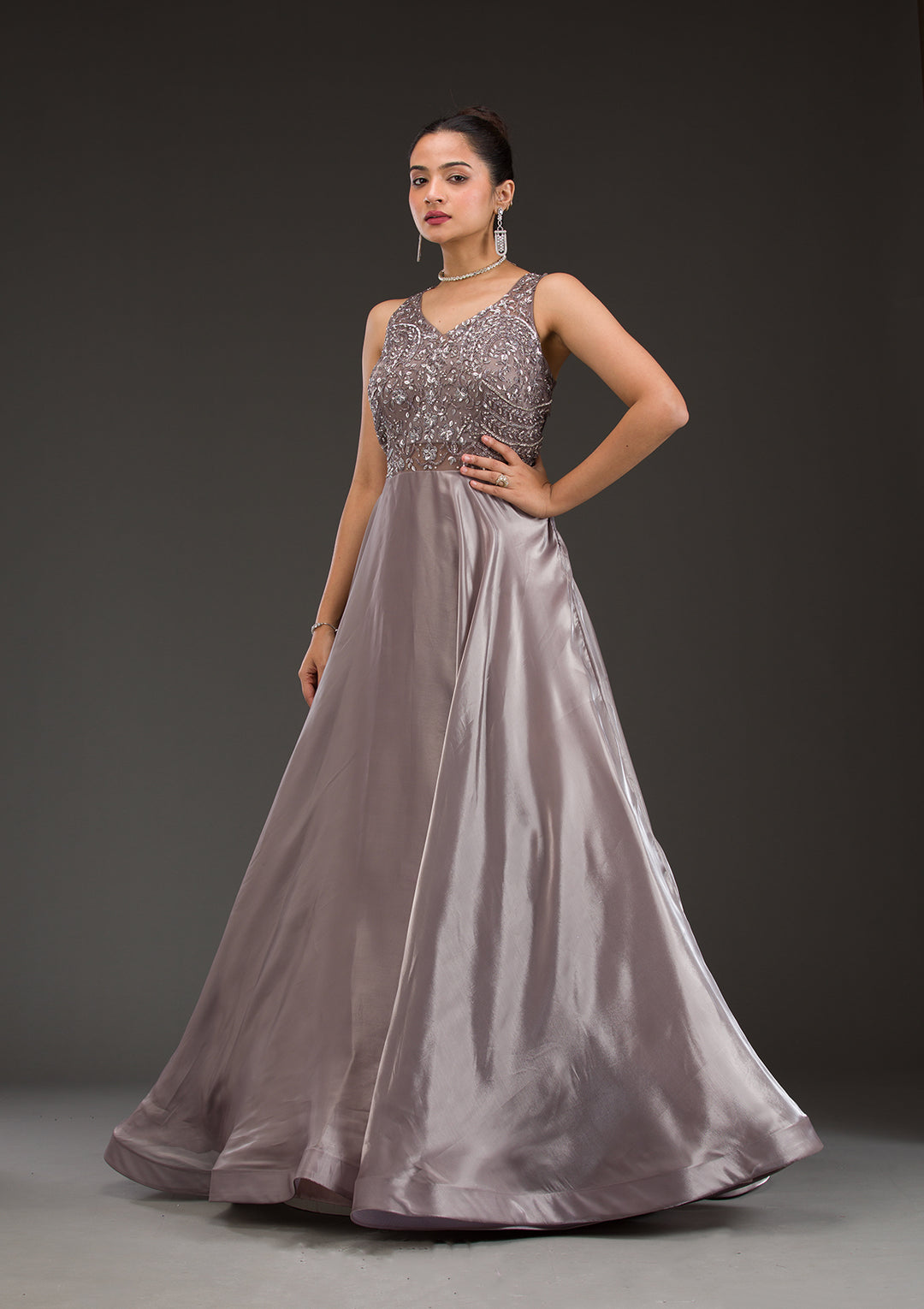 Dark Grey Cutdana Satin Gown