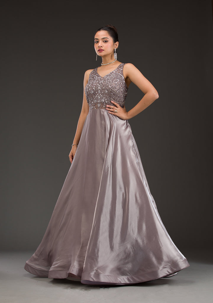 Dark Grey Cutdana Satin Gown