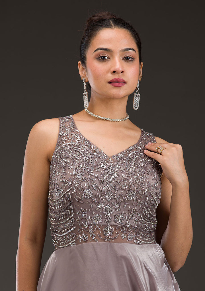 Dark Grey Cutdana Satin Gown