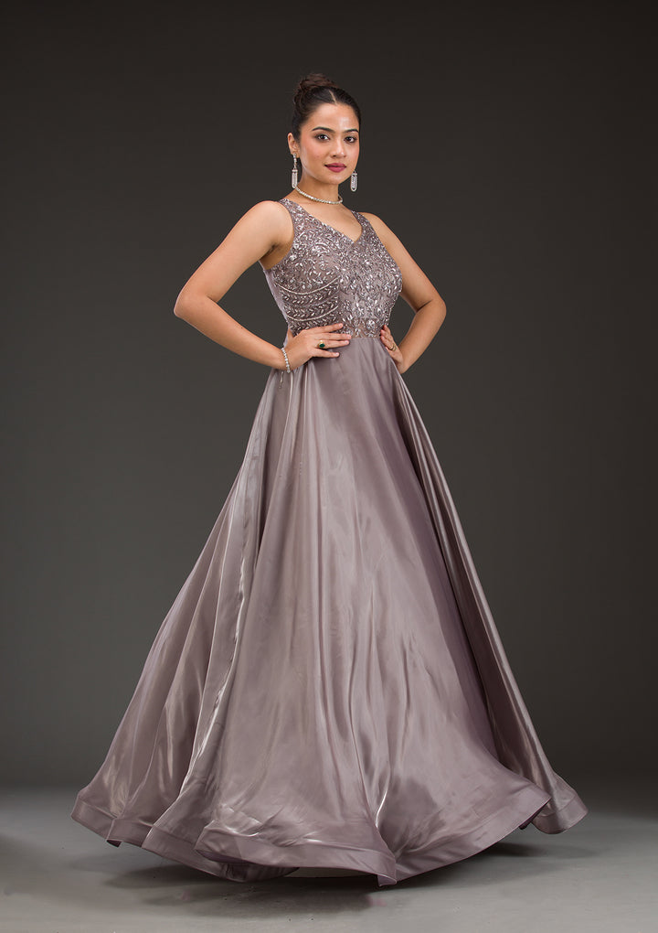 Dark Grey Cutdana Satin Gown