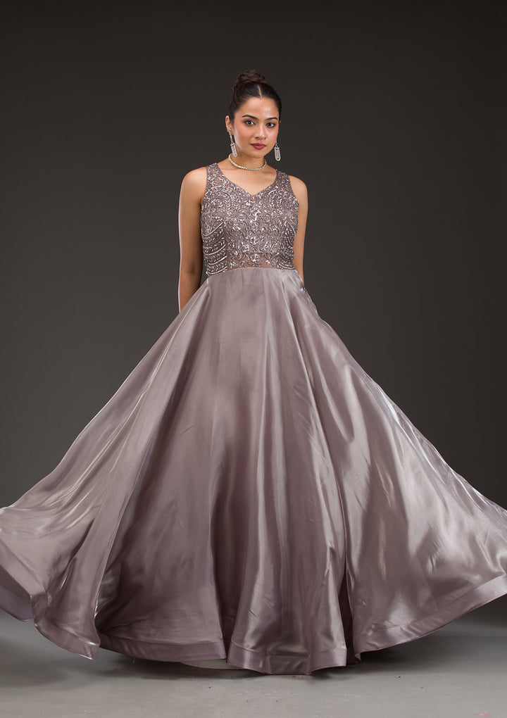 Dark Grey Cutdana Satin Gown