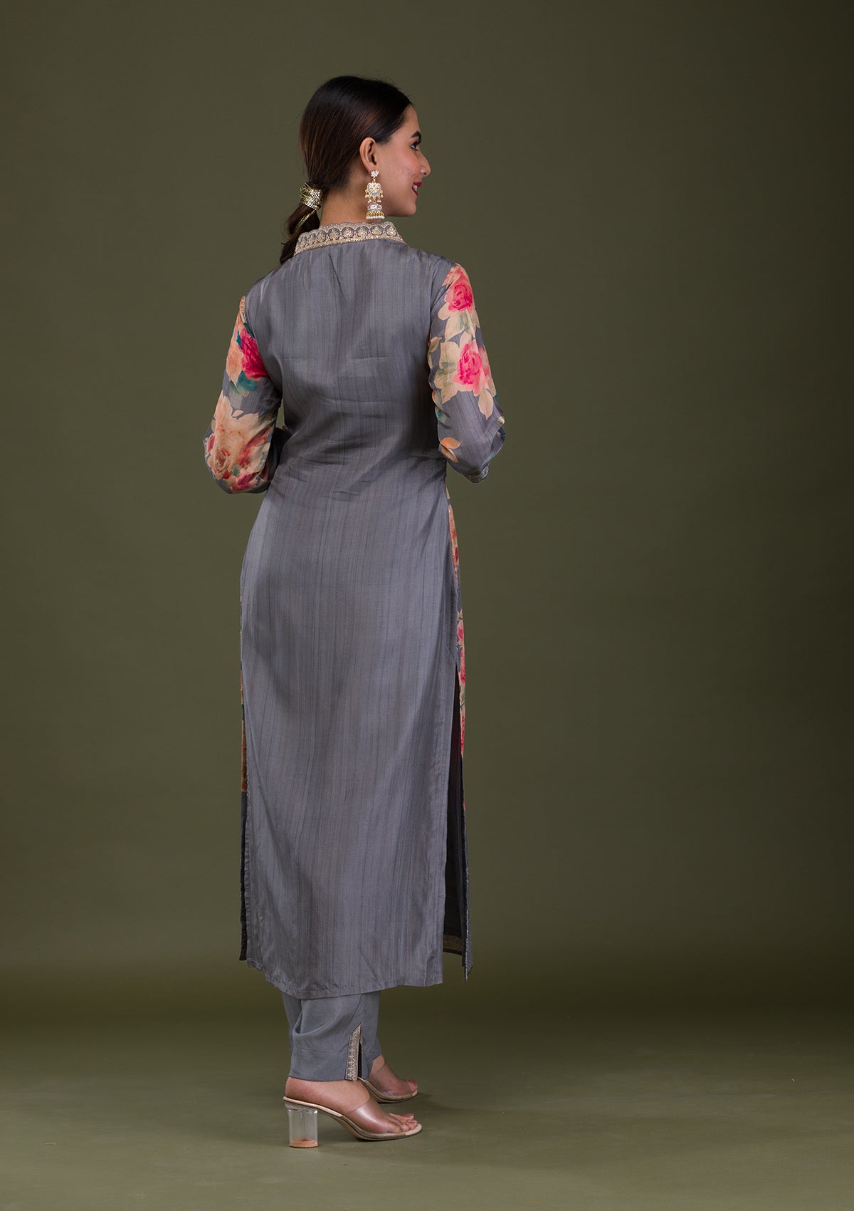 Grey Printed Semi Crepe Readymade Salwar Suit