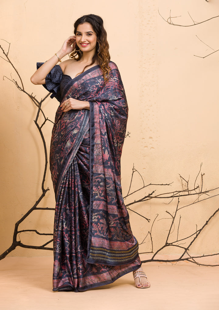 Dark Grey Floral Printed Semi Crepe Designer Saree