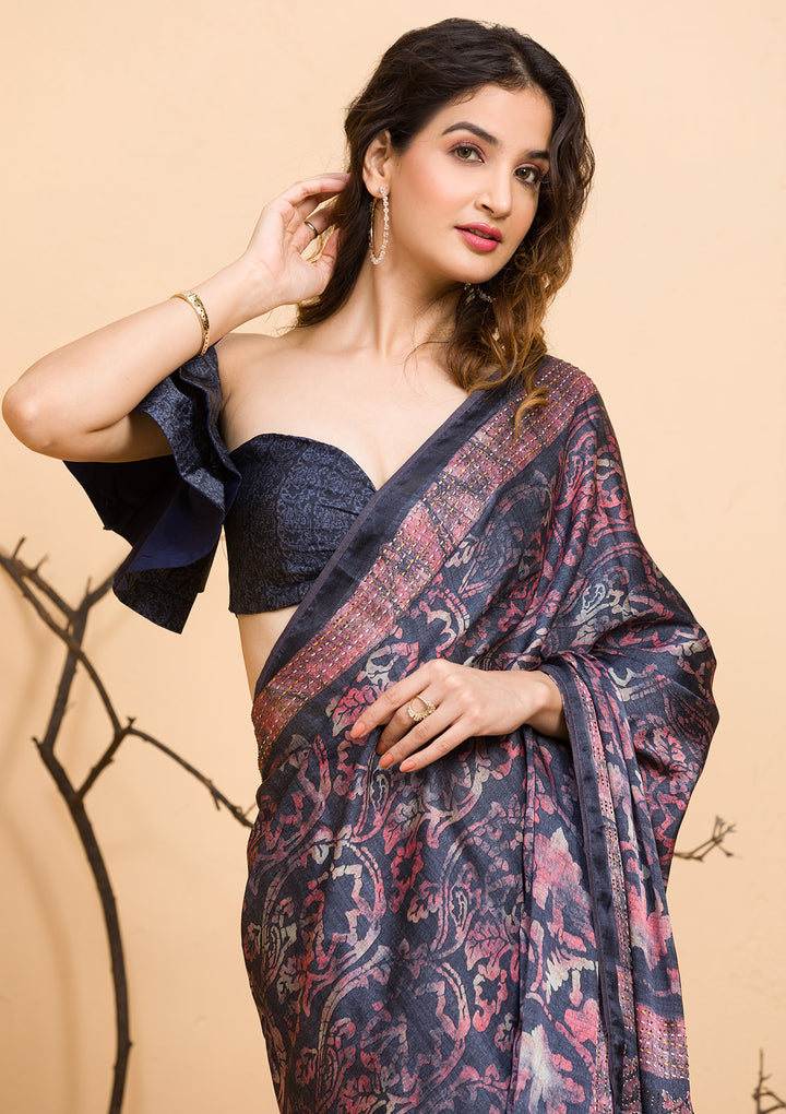 Dark Grey Floral Printed Semi Crepe Designer Saree