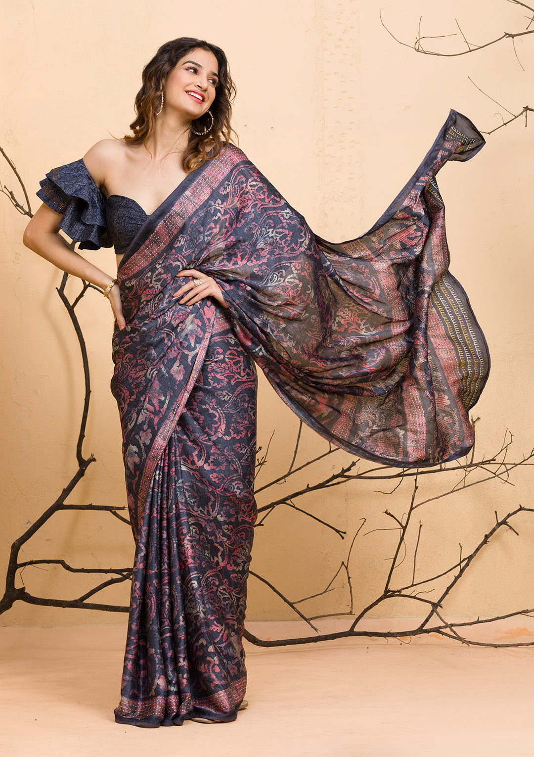 Dark Grey Floral Printed Semi Crepe Designer Saree