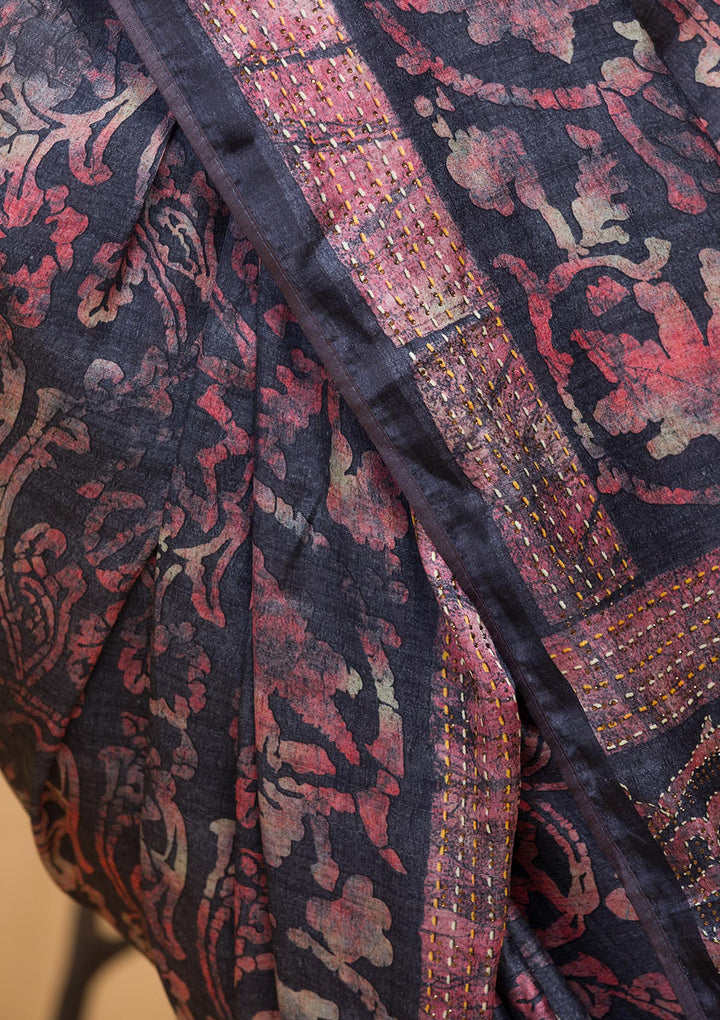 Dark Grey Floral Printed Semi Crepe Designer Saree