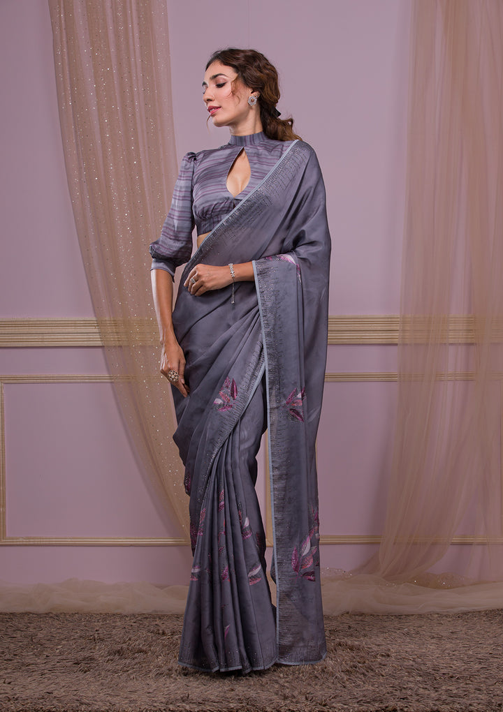 Dark Grey Printed Semi Crepe Designer Saree