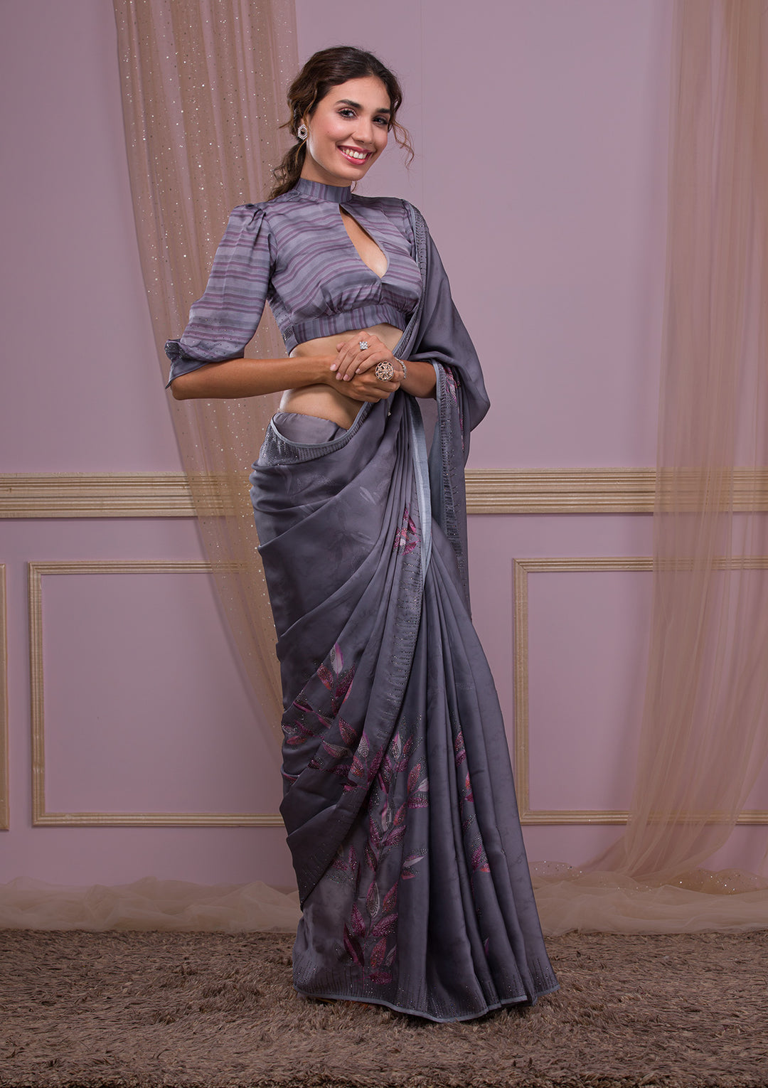 Dark Grey Printed Semi Crepe Designer Saree