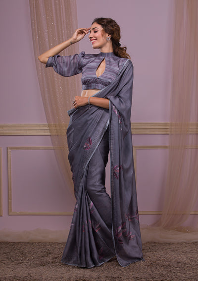 Dark Grey Printed Semi Crepe Designer Saree-Koskii