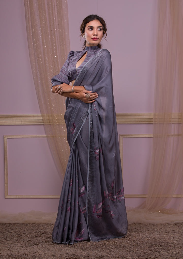 Dark Grey Printed Semi Crepe Designer Saree