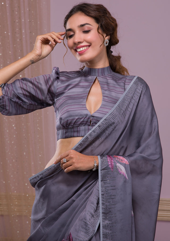 Dark Grey Printed Semi Crepe Designer Saree
