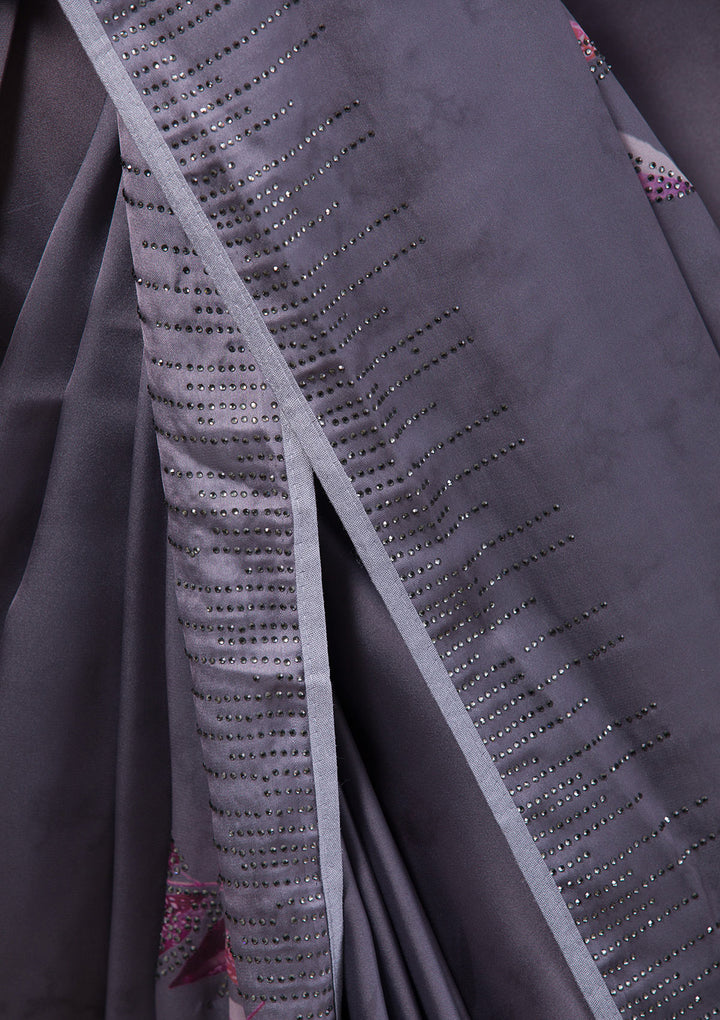 Dark Grey Printed Semi Crepe Designer Saree