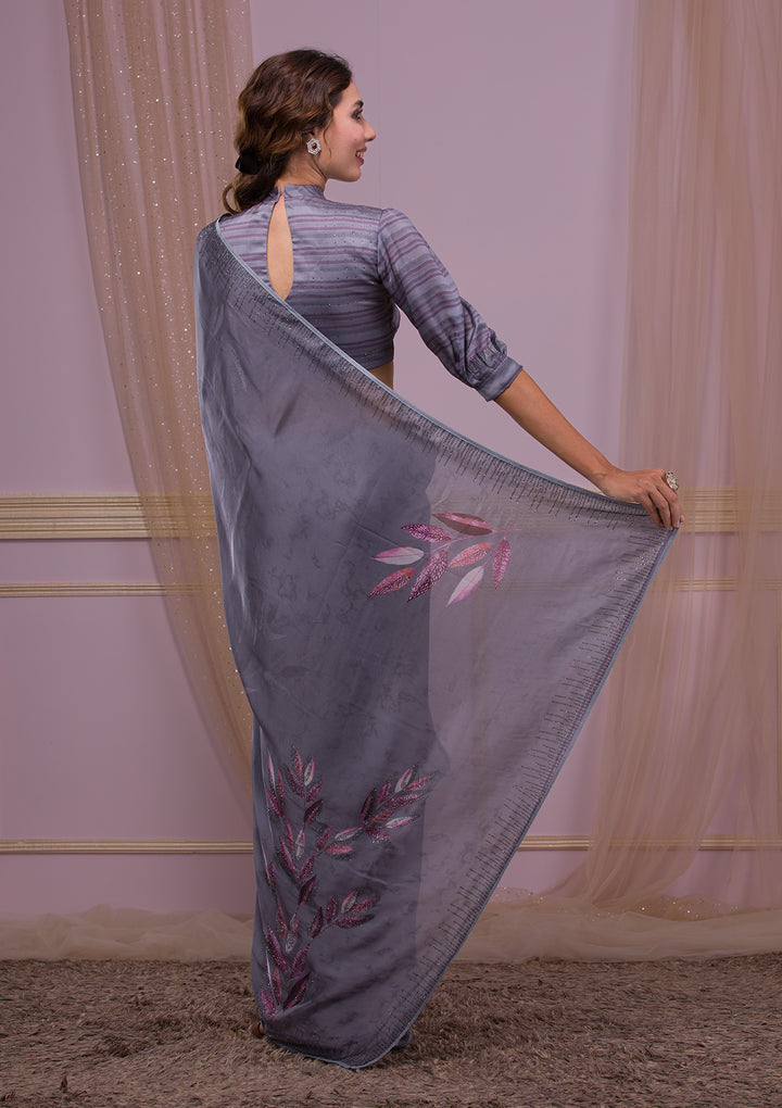Dark Grey Printed Semi Crepe Designer Saree