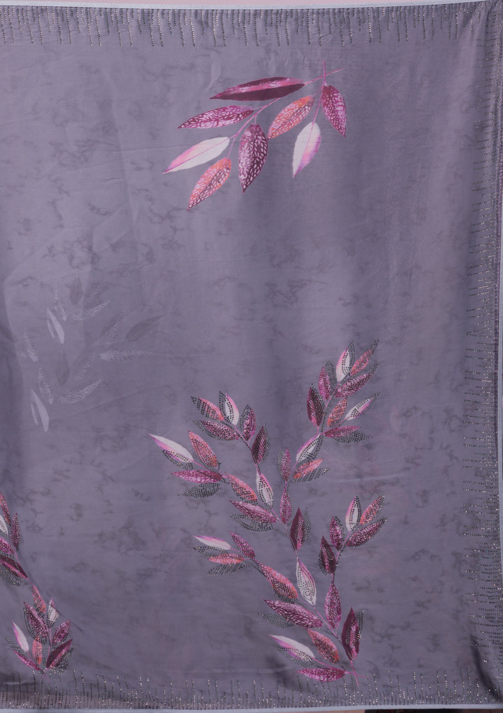 Dark Grey Printed Semi Crepe Designer Saree