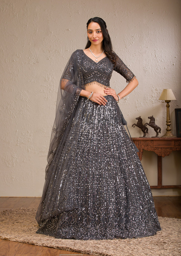 Dark Grey Sequins Net Readymade Lehenga