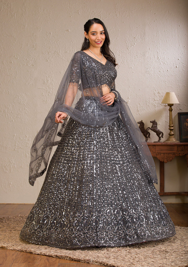 Dark Grey Sequins Net Readymade Lehenga
