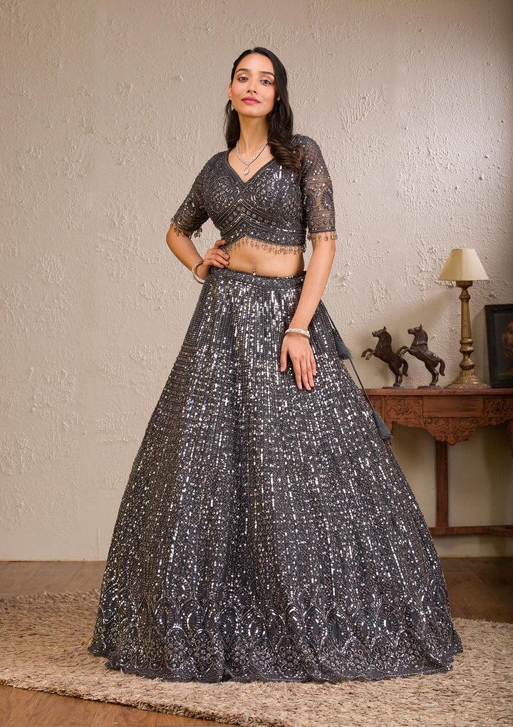 Dark Grey Sequins Net Readymade Lehenga