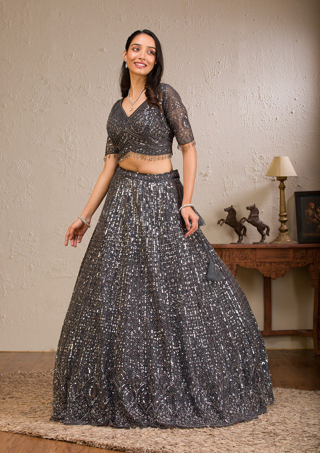 Dark Grey Sequins Net Readymade Lehenga
