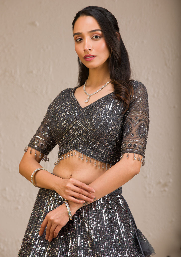 Dark Grey Sequins Net Readymade Lehenga