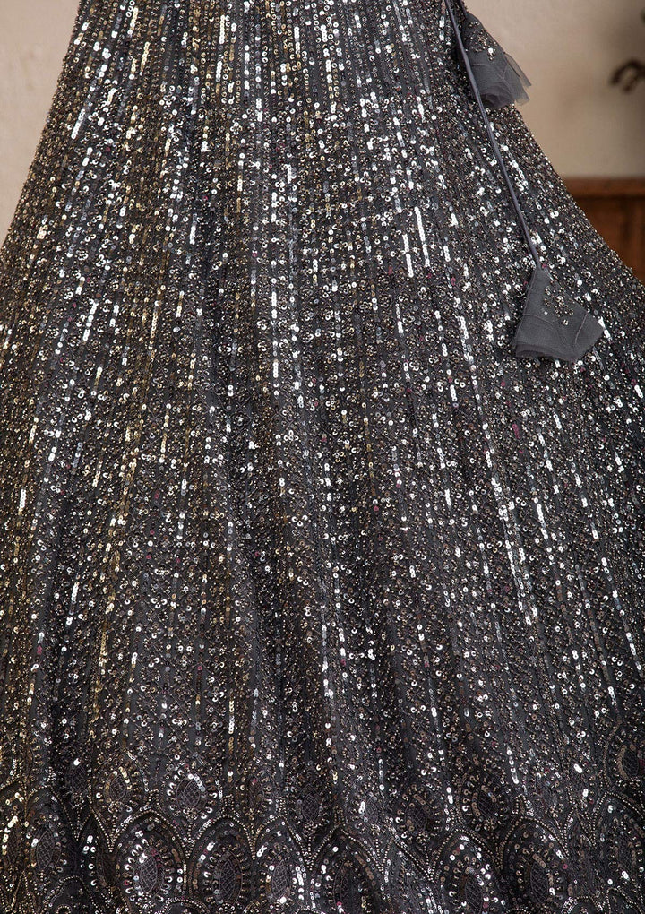 Dark Grey Sequins Net Readymade Lehenga