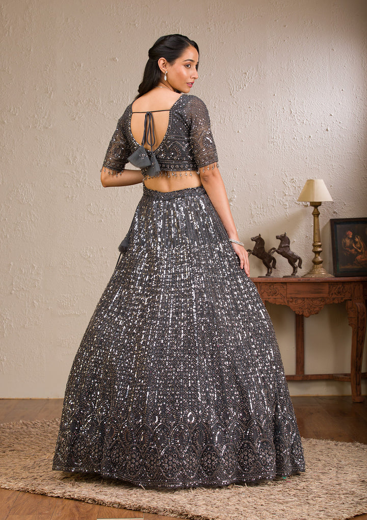 Dark Grey Sequins Net Readymade Lehenga